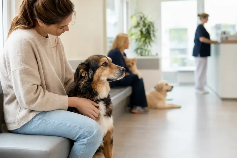 Ein ruhiger Hund sitzt neben seinem Besitzer im hellen Wartezimmer einer modernen Tierarztpraxis.